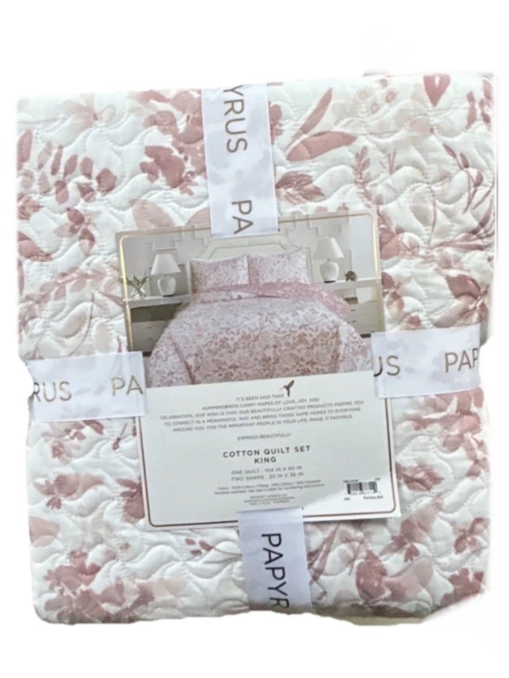 Papyrus Pink and White Cotton King Floral Quilt 104”x90”